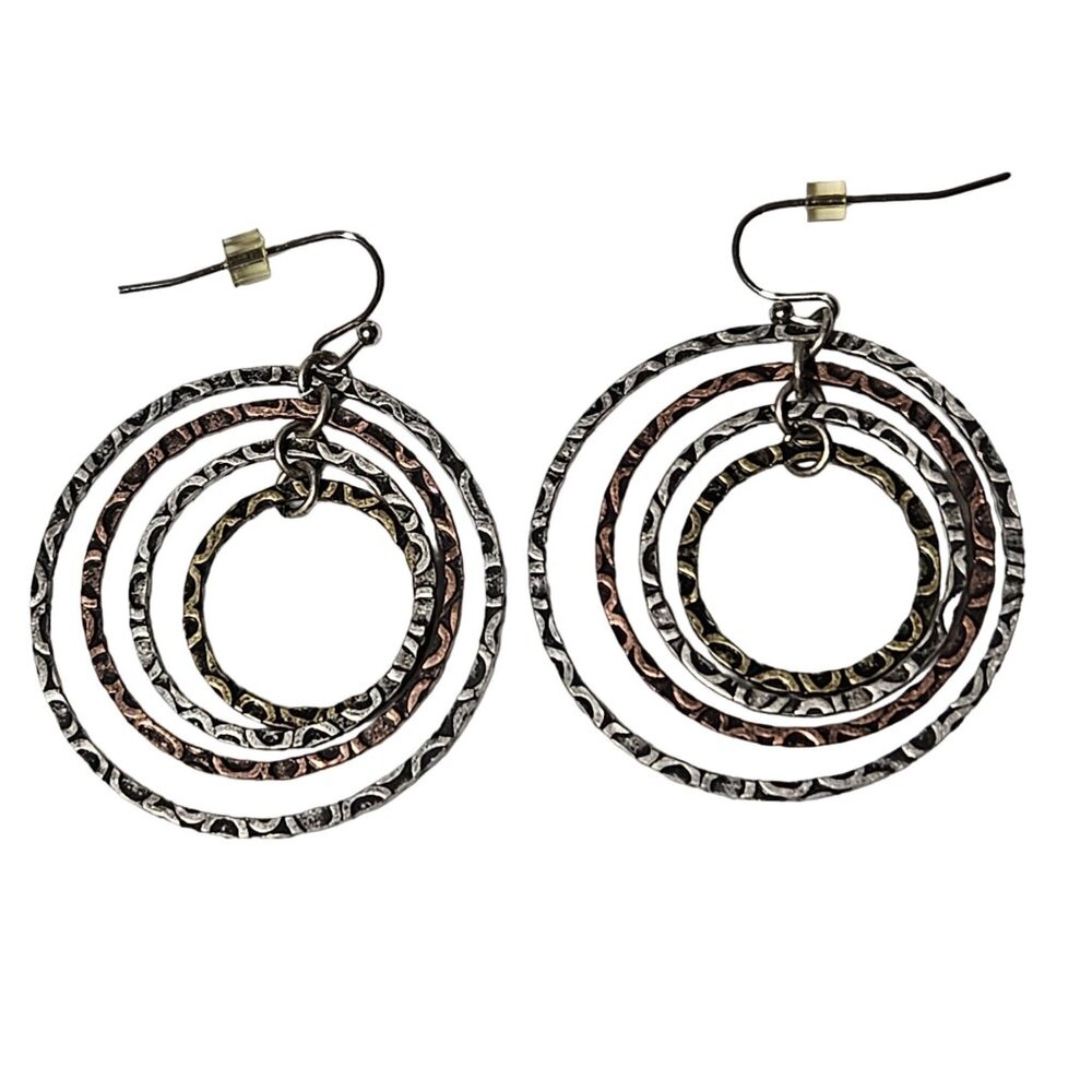 Elegant Hammered Circle Stacked Dangle Earrings Multi Tone Statement Women